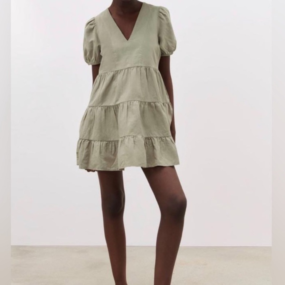 Zara Cottage Beach Y2K Resort Minimal Boho Linen Babydoll Mini Dress Khaki XS